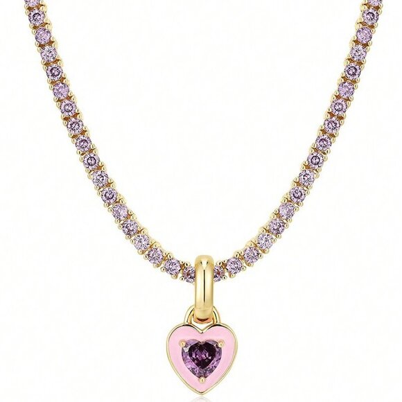 Pink Casual Women's Colorful Cubic Zirconia Love Necklace - Picture 1 of 1